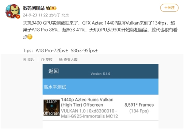 GPU实测：超越苹果A18 Pro 86%ag真人最强游戏芯预定！联发科天玑9400(图2)